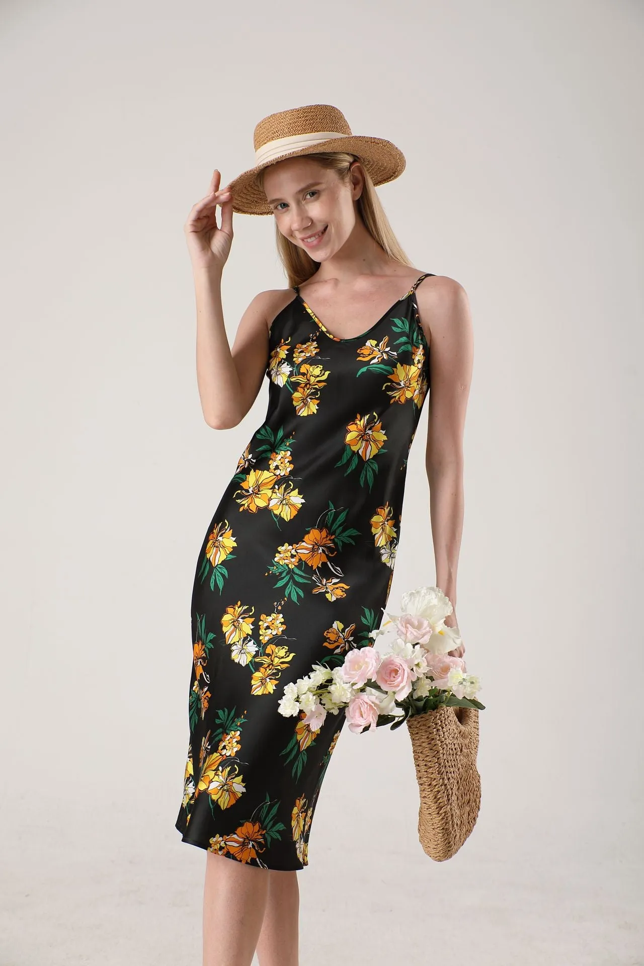 19 Momme Women's silk floral midi slip dress