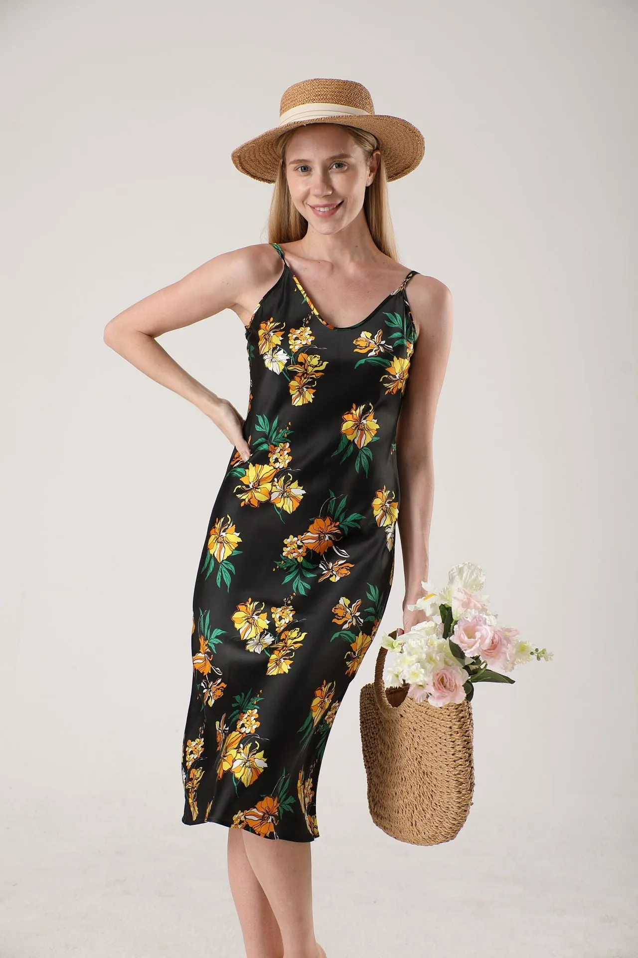 19 Momme Women's silk floral midi slip dress