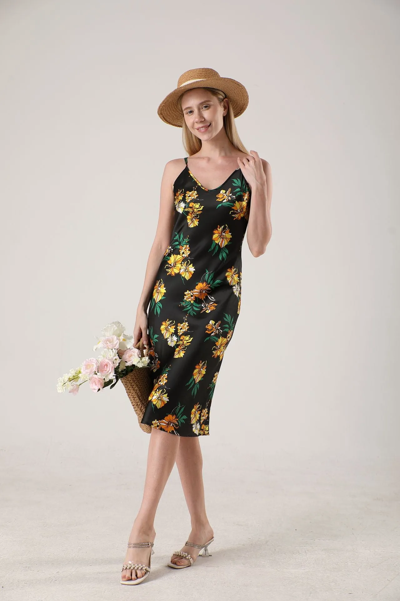 19 Momme Women's silk floral midi slip dress