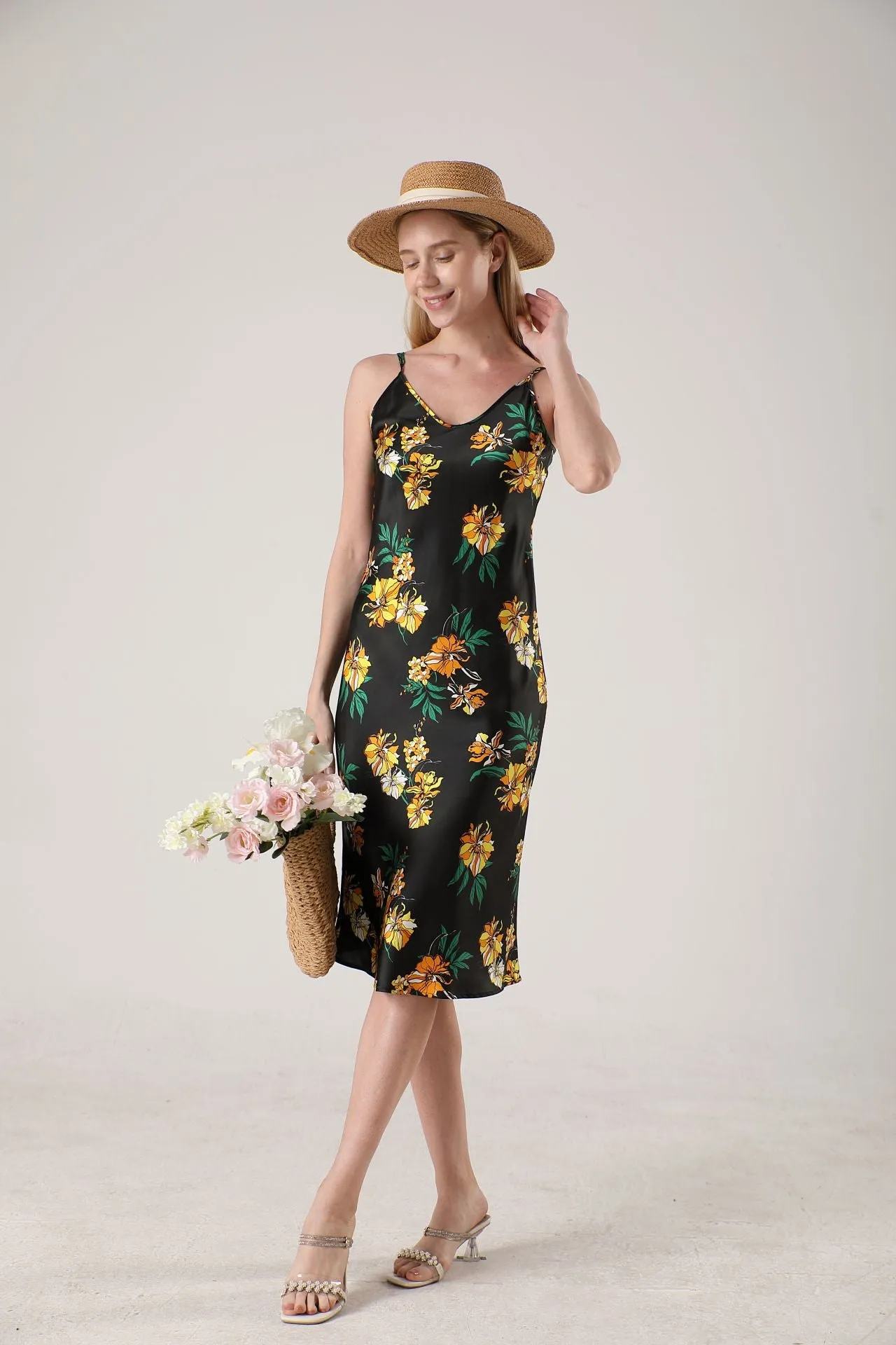 19 Momme Women's silk floral midi slip dress