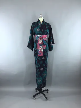 1930s Vintage Silk Kimono Robe / Black & Turquoise Blue Ikat