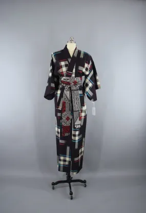 1930s Vintage Silk Kimono Robe / Black & White Meisen IKAT