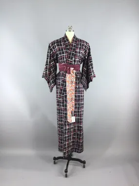 1930s Vintage Silk Kimono Robe / Black Peach Plaid Ikat