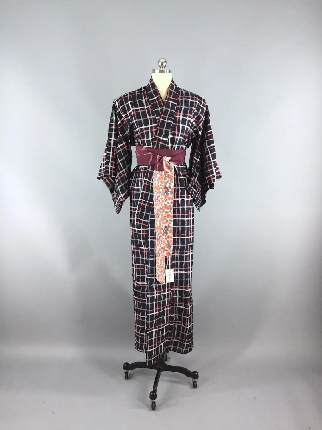 1930s Vintage Silk Kimono Robe / Black Peach Plaid Ikat