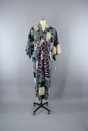 1930s Vintage Silk Kimono Robe / Blue Meisen Tsumugi Raw Silk