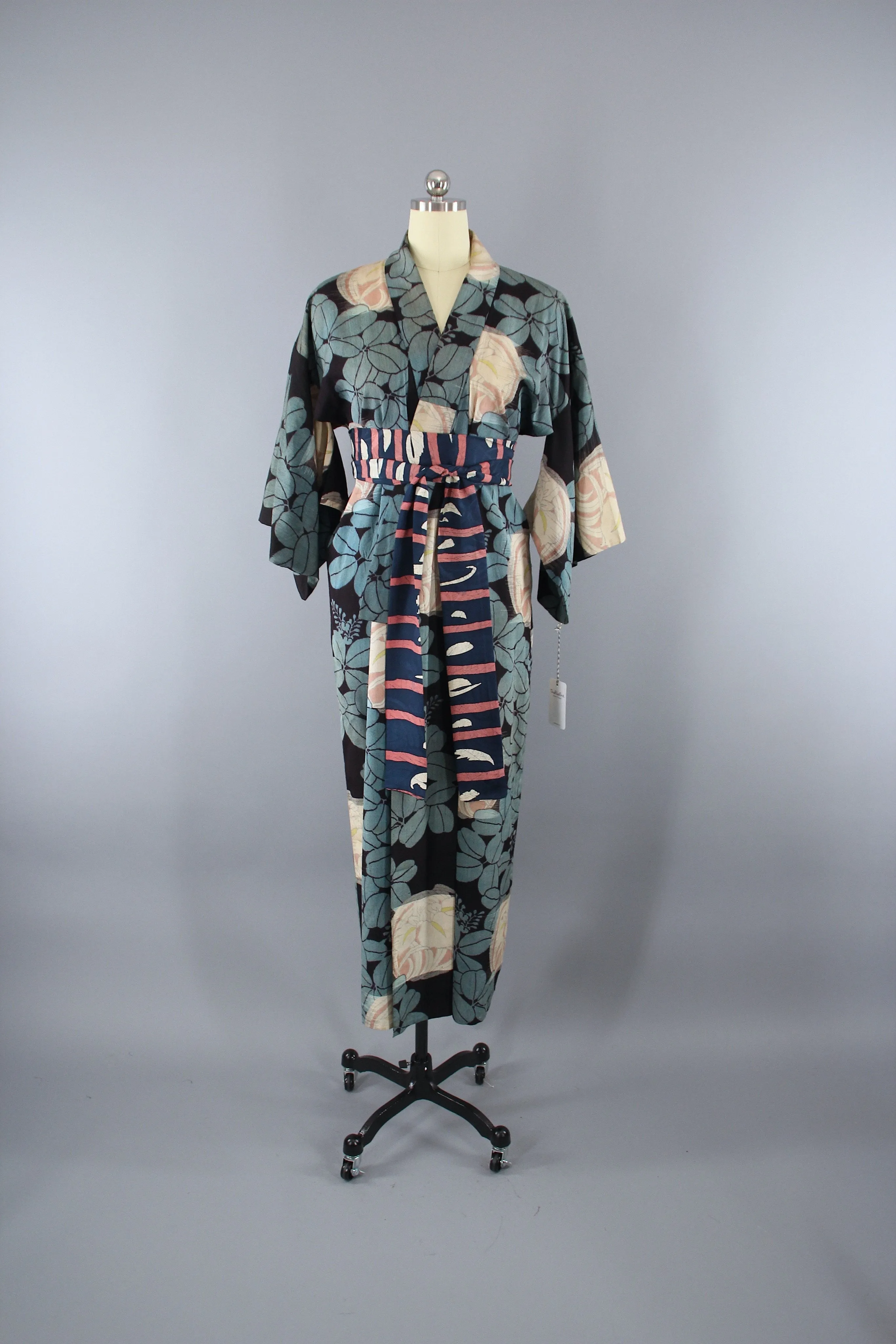 1930s Vintage Silk Kimono Robe / Blue Meisen Tsumugi Raw Silk