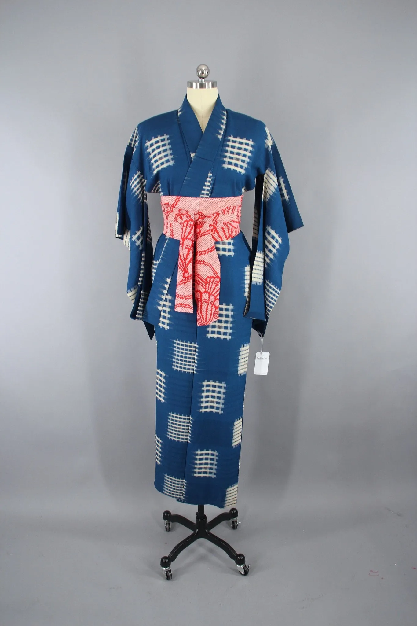 1930s Vintage Silk Kimono Robe / Blue White Basketweave Hashtag