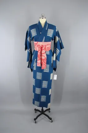 1930s Vintage Silk Kimono Robe / Blue White Basketweave Hashtag