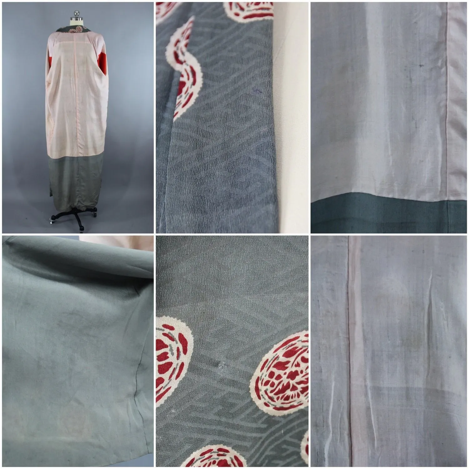 1930s Vintage Silk Kimono Robe / Grey & Red Medallions