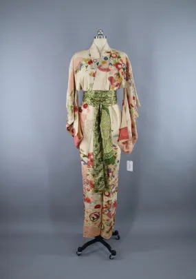 1930s Vintage Silk Kimono Robe / Ivory Floral Print