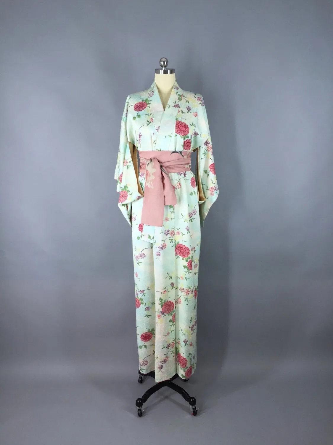 1940s Vintage Silk Kimono Robe / Aqua Blue Floral