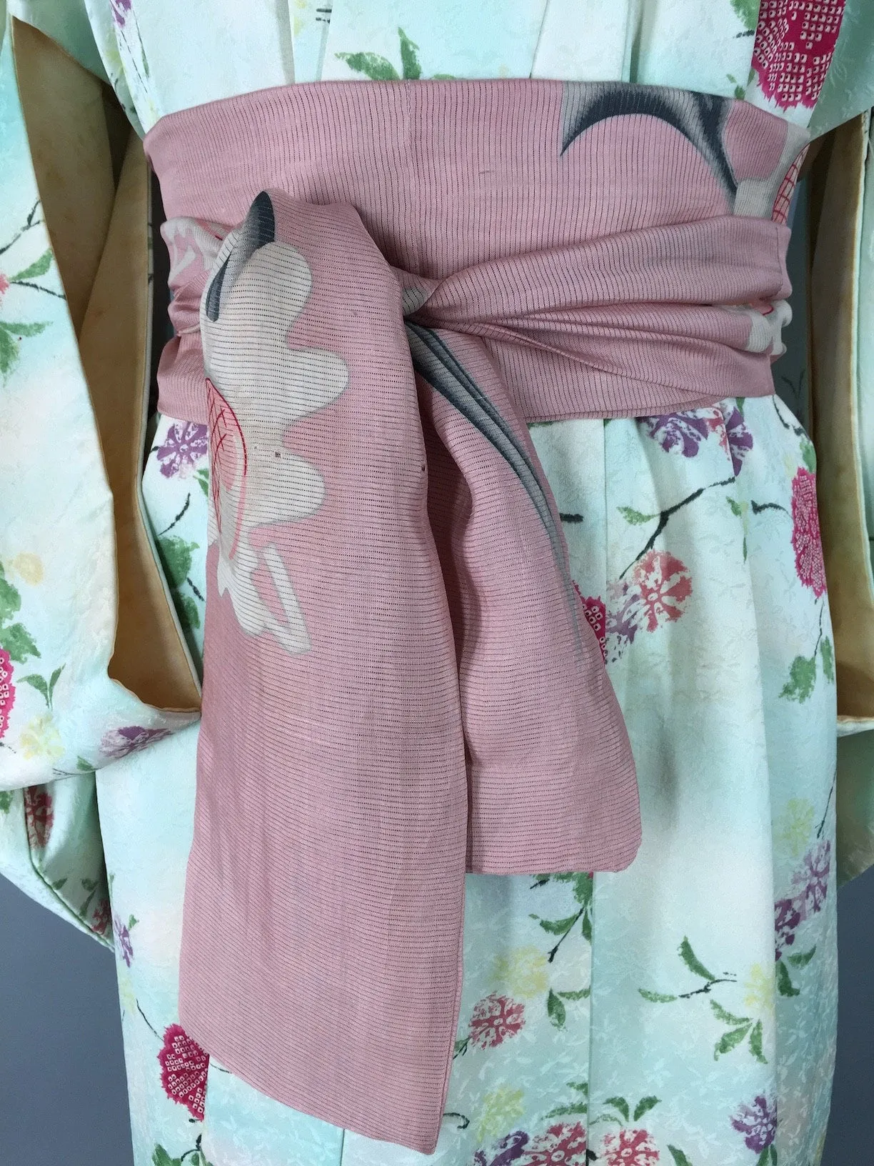 1940s Vintage Silk Kimono Robe / Aqua Blue Floral
