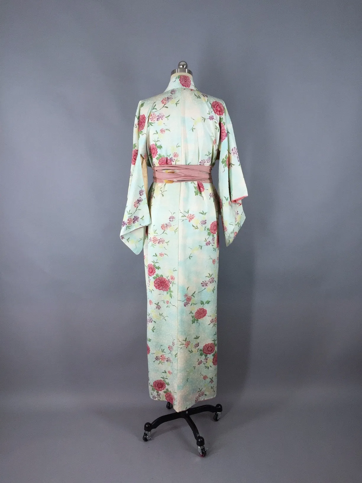 1940s Vintage Silk Kimono Robe / Aqua Blue Floral
