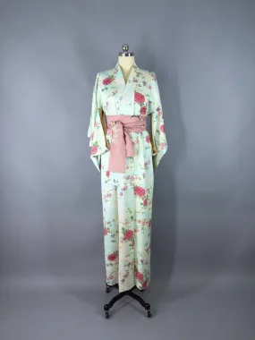 1940s Vintage Silk Kimono Robe / Aqua Blue Floral