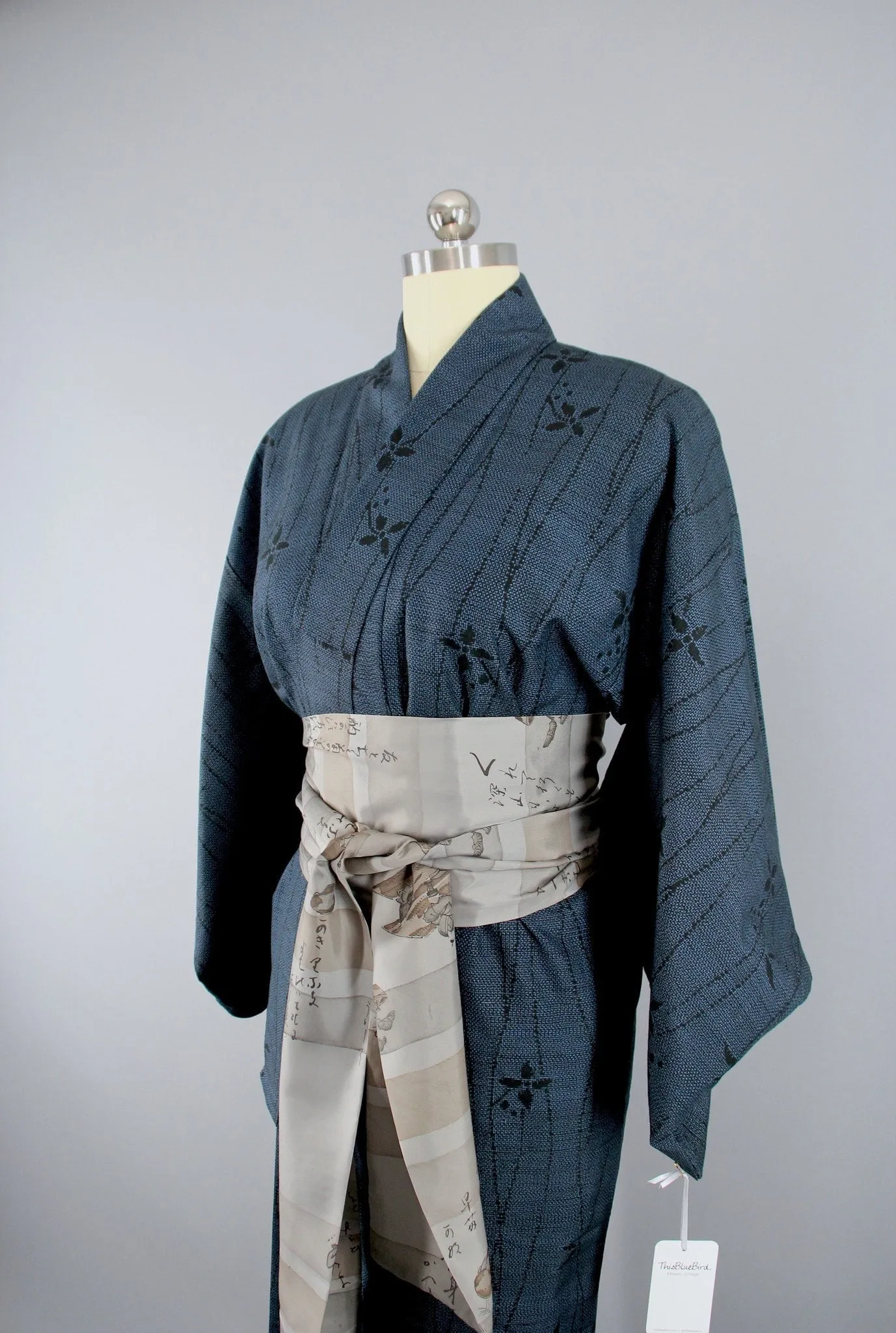 1940s Vintage Silk Kimono Robe / Blue & Black IKAT