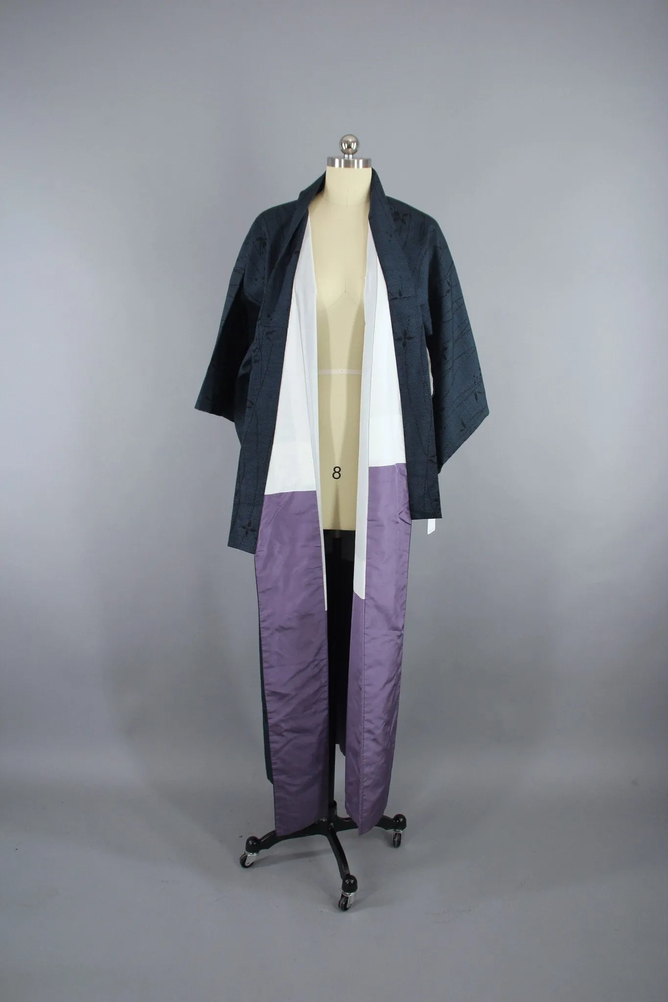 1940s Vintage Silk Kimono Robe / Blue & Black IKAT
