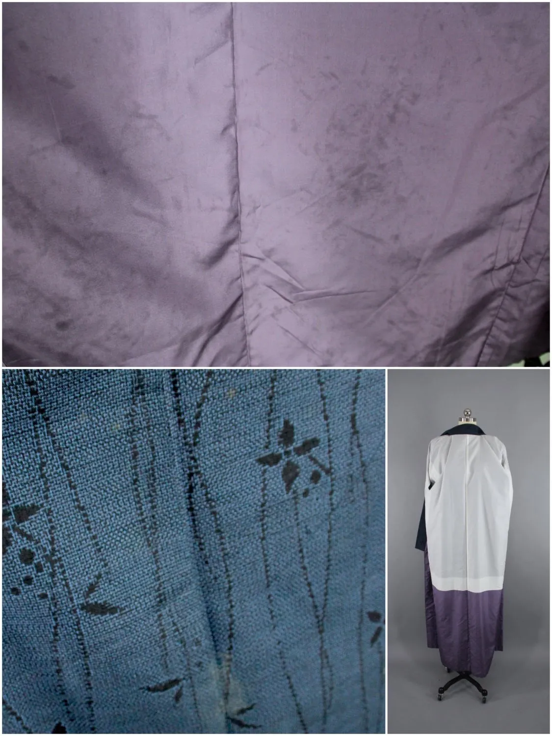 1940s Vintage Silk Kimono Robe / Blue & Black IKAT