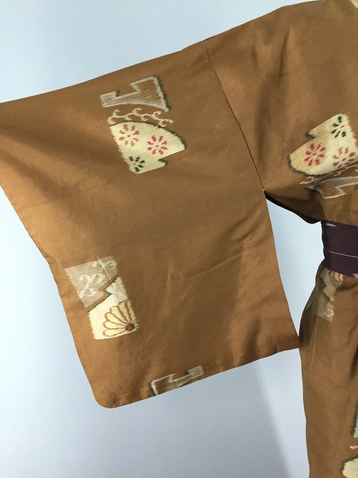 1940s Vintage Silk Kimono Robe, Brown Ikat Fans Floral