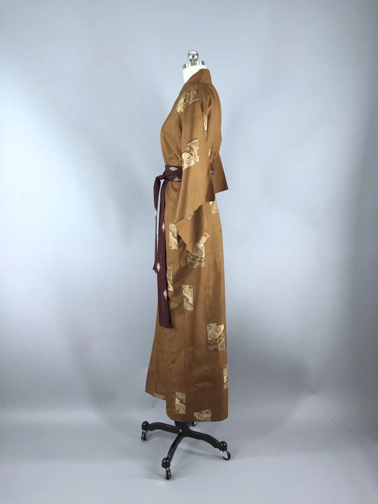 1940s Vintage Silk Kimono Robe, Brown Ikat Fans Floral