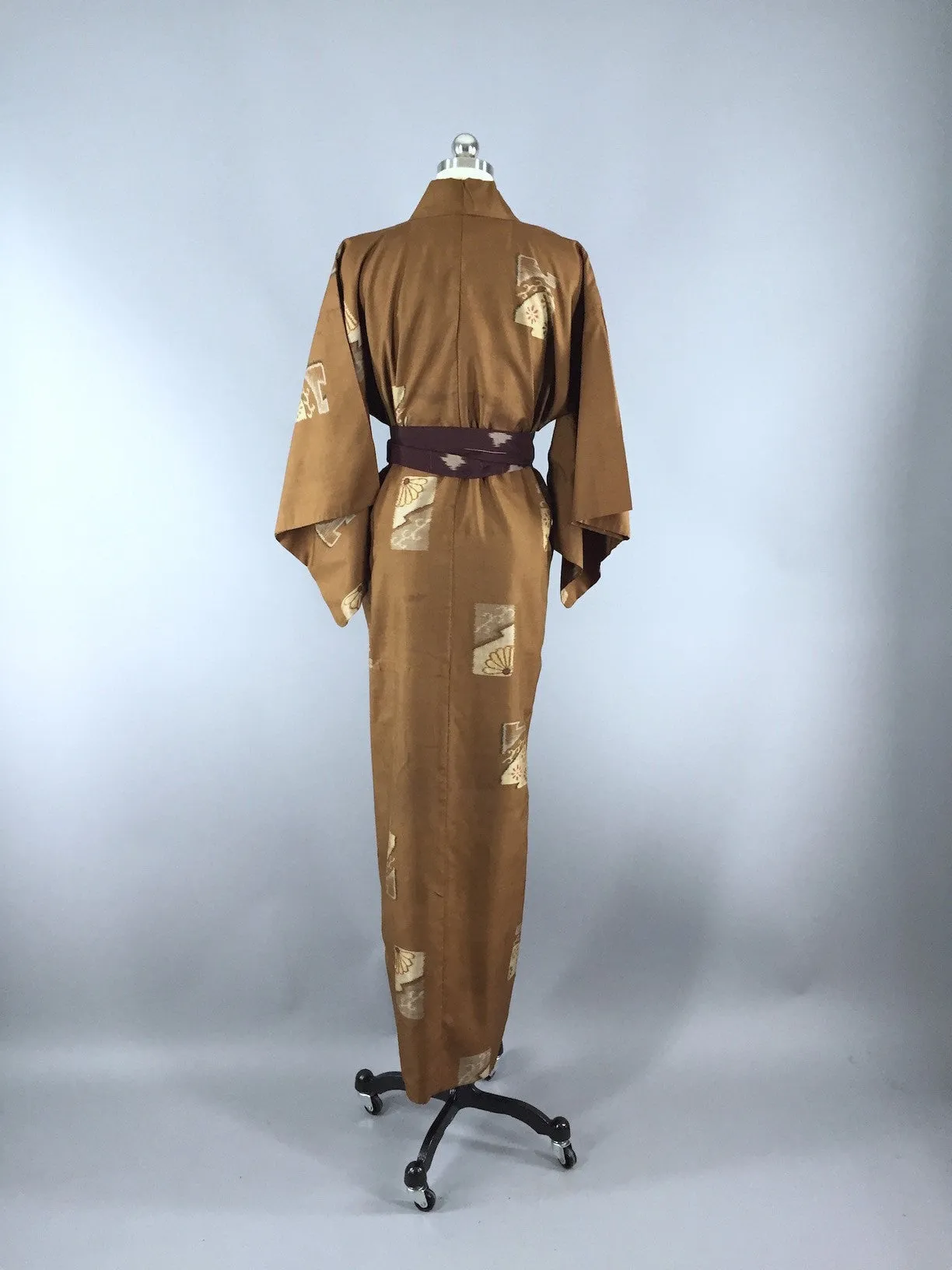 1940s Vintage Silk Kimono Robe, Brown Ikat Fans Floral