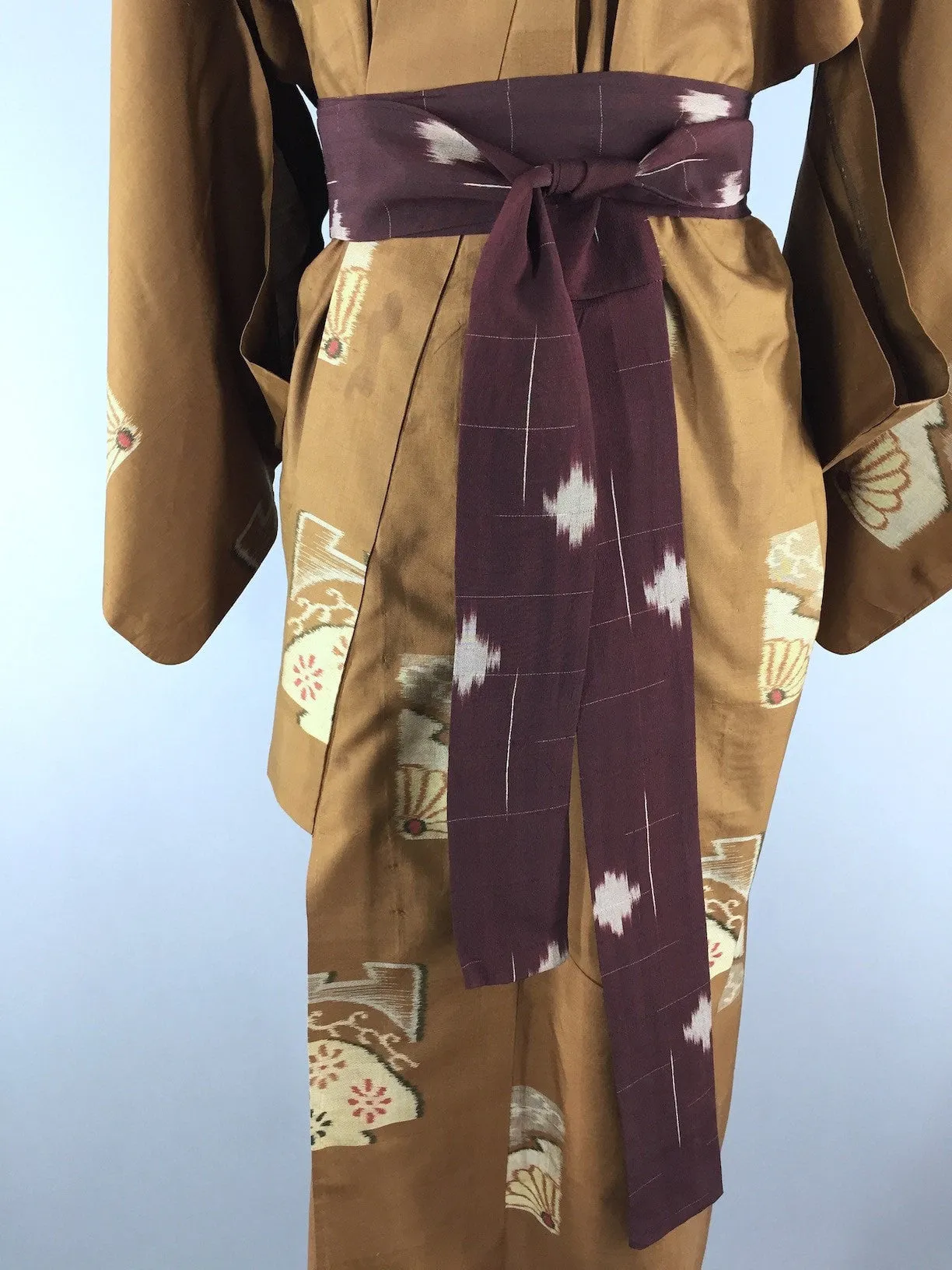 1940s Vintage Silk Kimono Robe, Brown Ikat Fans Floral