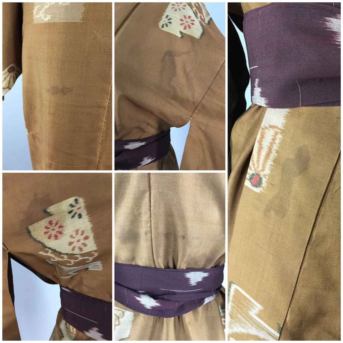 1940s Vintage Silk Kimono Robe, Brown Ikat Fans Floral