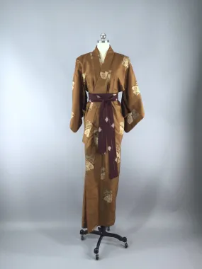 1940s Vintage Silk Kimono Robe, Brown Ikat Fans Floral