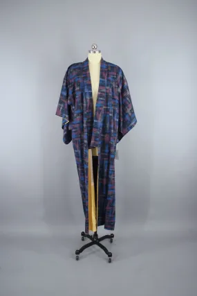 1940s Vintage Silk Kimono Robe / Dark Grey, Blue & Pink Ikat