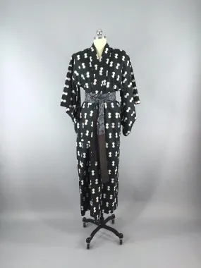 1940s Vintage Silk Kimono Robe / Ikat Black