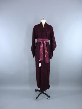 1940s Vintage Silk Kimono Robe in Black and Cranberry Red Arabesque