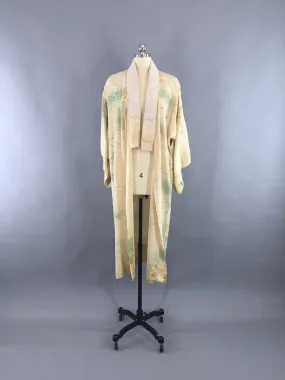1940s Vintage Silk Kimono Robe / Ivory Birdcage Novelty Print