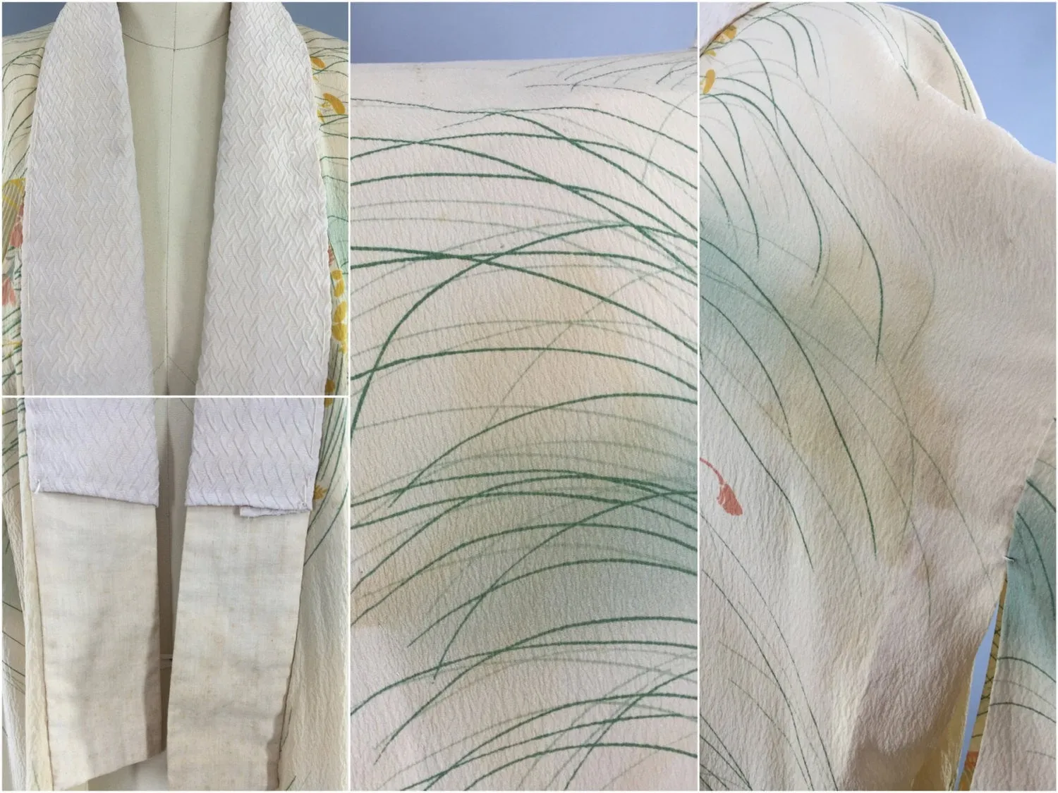 1940s Vintage Silk Kimono Robe / Ivory Birdcage Novelty Print