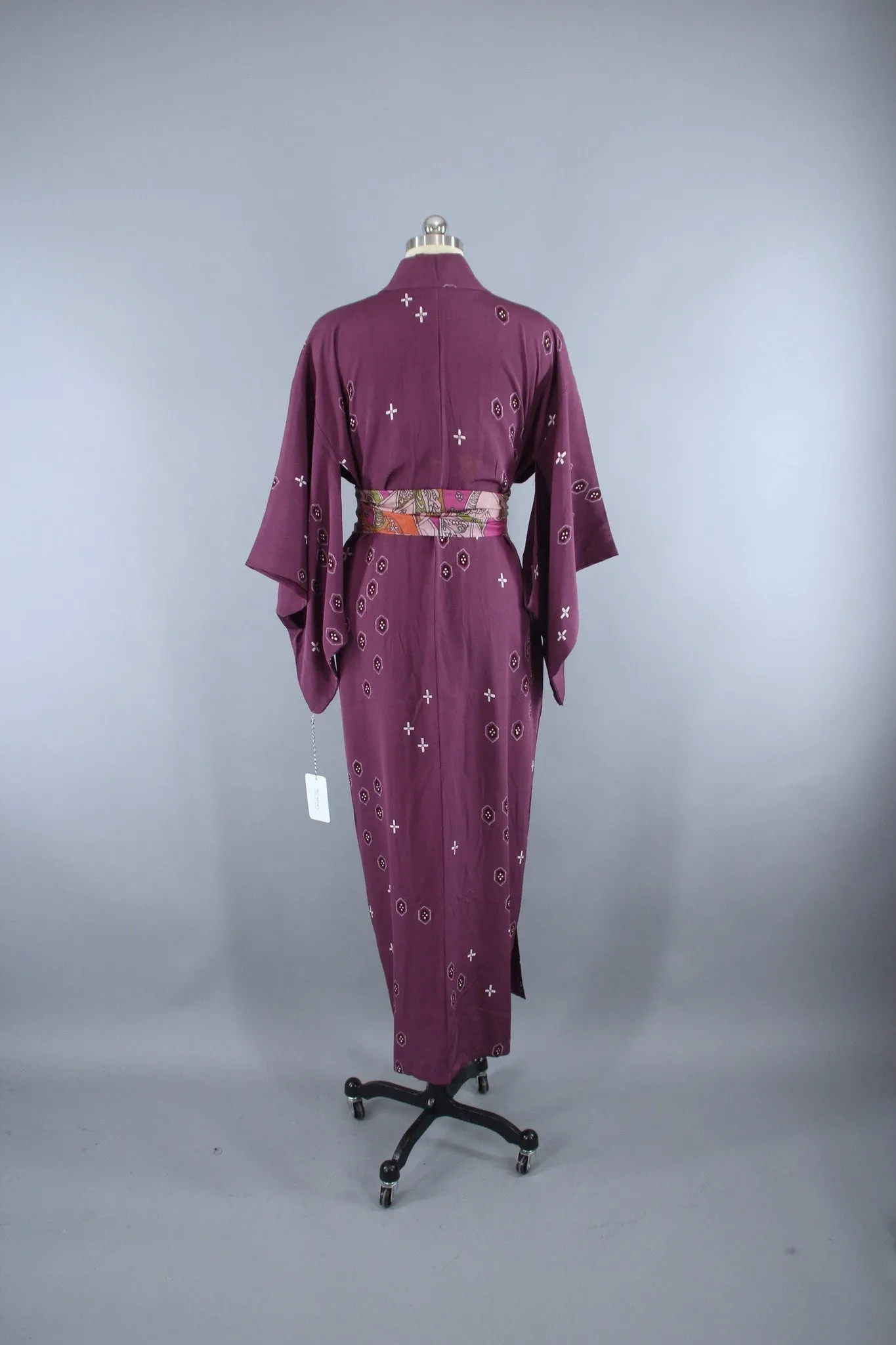 1940s Vintage Silk Kimono Robe / Purple & White