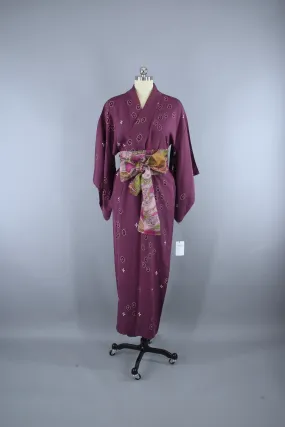 1940s Vintage Silk Kimono Robe / Purple & White