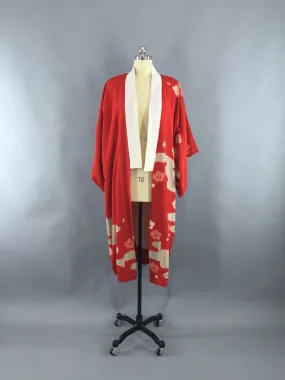 1940s Vintage Silk Kimono Robe / Red Shibori Print