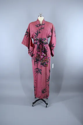 1940s Vintage Silk Kimono Robe / Red Stripes Bamboo Print