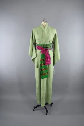 1940s Vintage Silk Kimono Robe with Light Green Bamboo Leaves