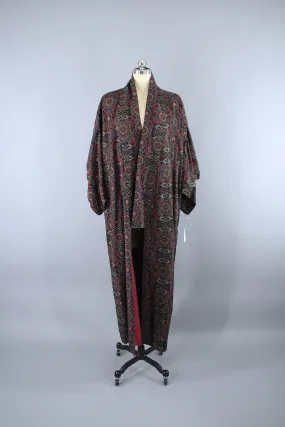 1950s Vintage Kimono Robe / Black Ikat Baroque Print
