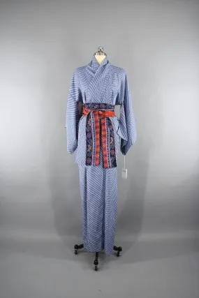 1950s Vintage Kimono Robe in Periwinkle Blue & White