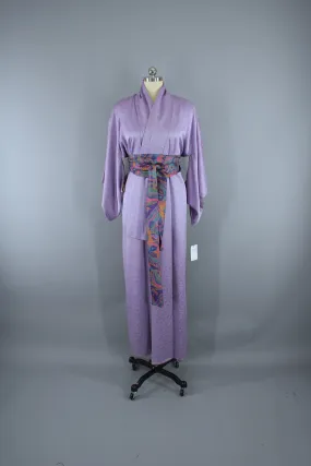 1950s Vintage Silk Kimono Robe / Lavender Purple Maple Leaves