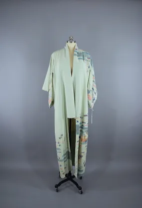 1950s Vintage Silk Kimono Robe /  Pale Blue Traditional Floral
