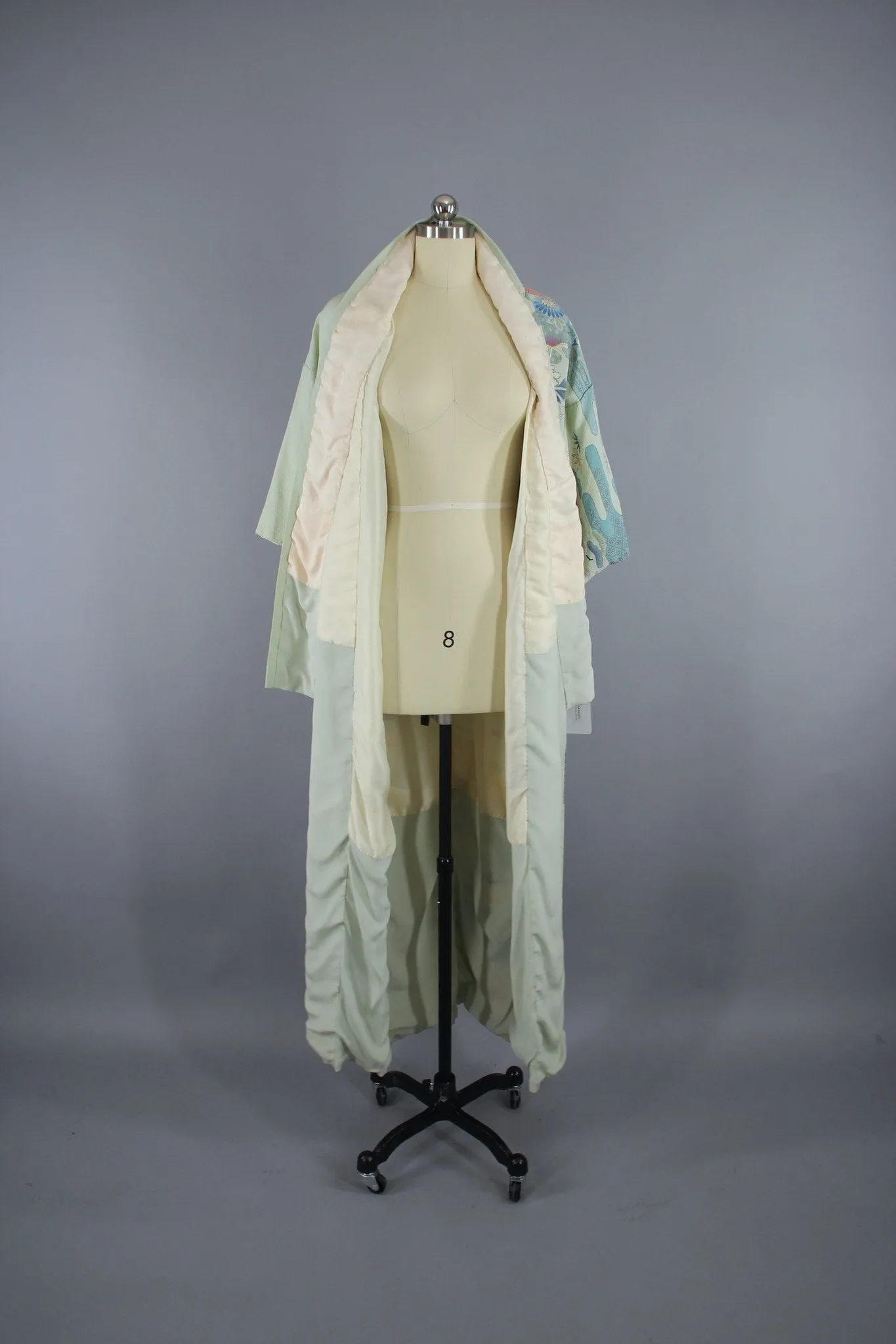 1950s Vintage Silk Kimono Robe /  Pale Blue Traditional Floral