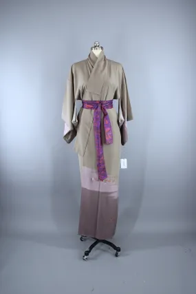 1950s Vintage Silk Kimono Robe / Tan Lavender Embroidered Birds