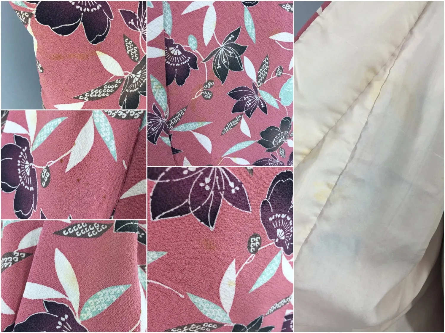 1950s Vintage Silk Kimono Robe with Mauve Pink Floral Print