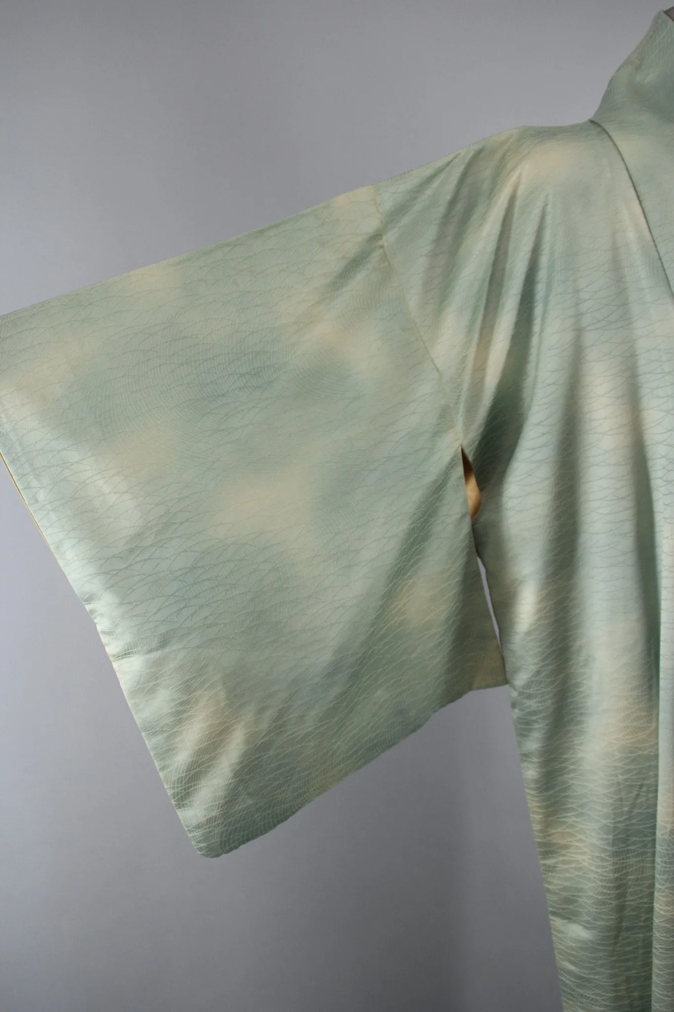 1960s Vintage Silk Kimono Robe in Sea Foam Green Ombre Satin