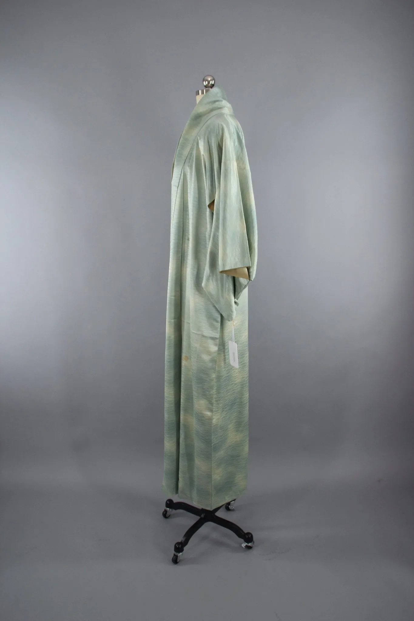 1960s Vintage Silk Kimono Robe in Sea Foam Green Ombre Satin