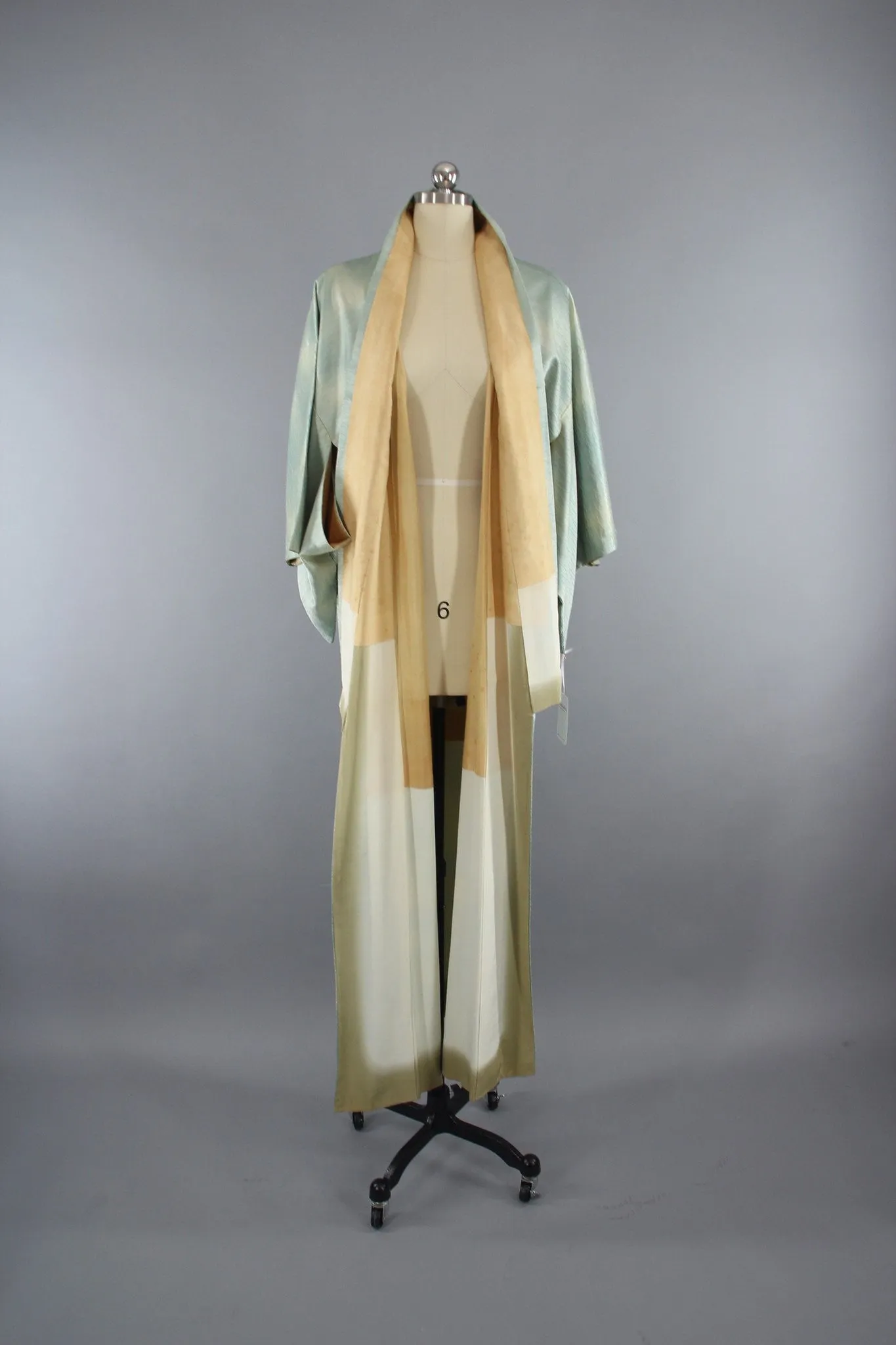1960s Vintage Silk Kimono Robe in Sea Foam Green Ombre Satin