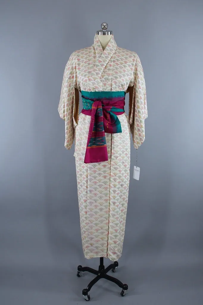 1960s Vintage Silk Kimono Robe / Ivory Seigaiha Fans Print