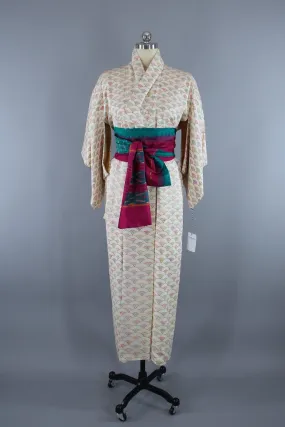 1960s Vintage Silk Kimono Robe / Ivory Seigaiha Fans Print