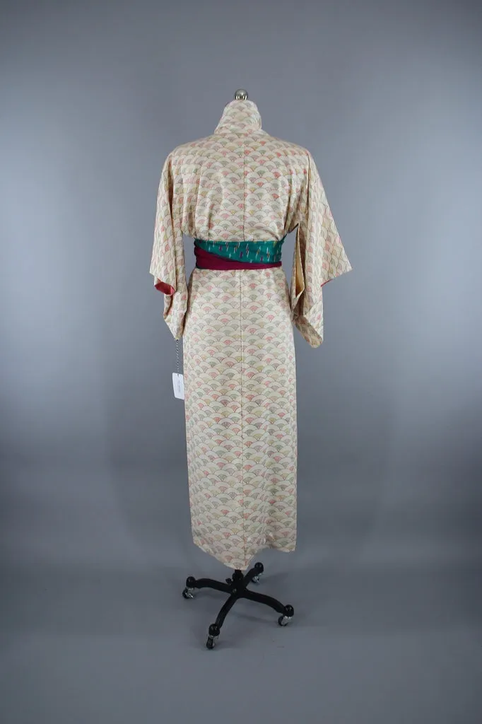 1960s Vintage Silk Kimono Robe / Ivory Seigaiha Fans Print